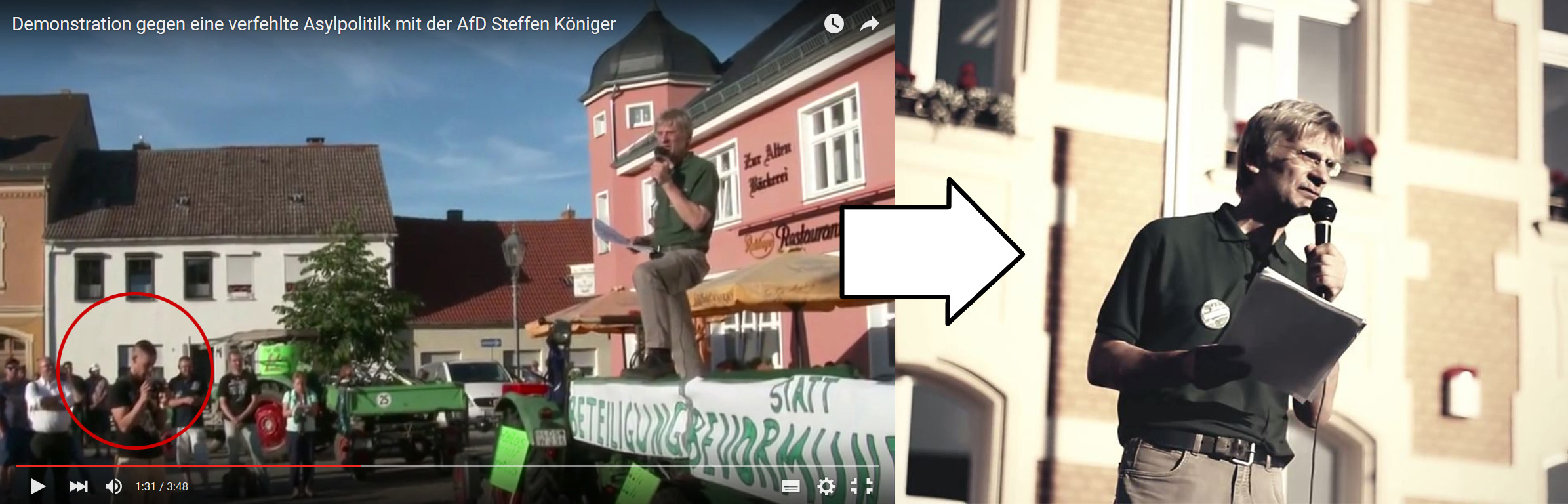Auf einem Clip der AfD Brandenburg zu erkennen: Martin Muckwar filmt für den Verein »Zunkunft Heimat«, Rechts: Veröffentlichtes Video von »Zunkunft Heimat« (30. Juni, Golßen)